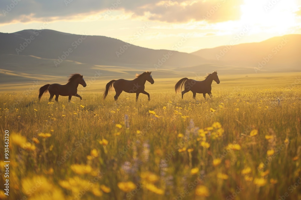 A majestic horse galloping through a field at sunrise, highlighting the beauty and freedom of wildlife in a rural setting. A majestic horse galloping through a field at sunrise, highlighting the beauty and freedom of wildlife in a rural setting.
