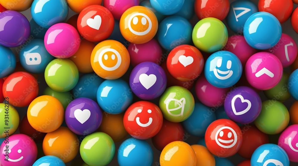 Social media icon background. Multicolor balls with smile face, heart and thumbs up symbols Social media icon background. Multicolor balls with smile face, heart and thumbs up symbols