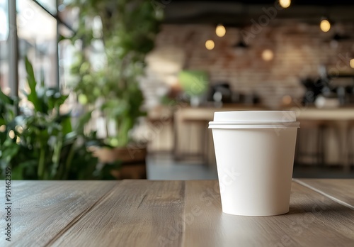 Wallpaper Mural A blank white paper coffee cup with no design on it, sitting in an urban cafe setting with plants and wooden tables. Torontodigital.ca