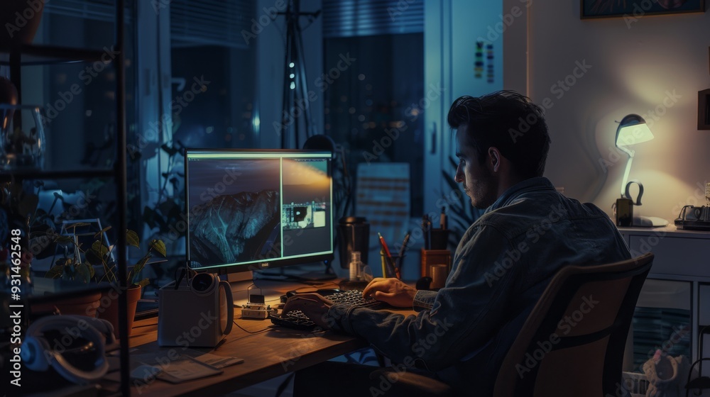 In the quiet of night, a man works intently on his desktop computer in his dimly lit home office, surrounded by various work essentials. In the quiet of night, a man works intently on his desktop computer in his dimly lit home office, surrounded by various work essentials.