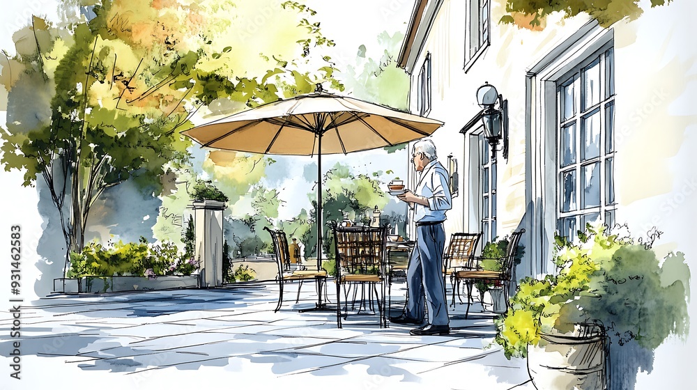 Obraz premium Watercolor Illustration of a Man Walking Towards a Patio Table with a Cup of Coffee
