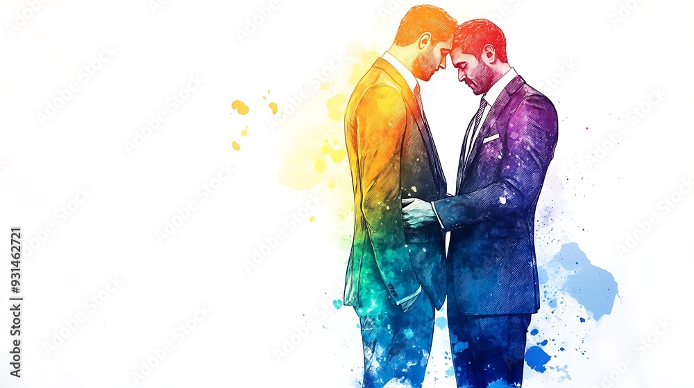 Fototapeta premium Watercolor illustration of two men in suits with a rainbow background, standing close and touching foreheads.