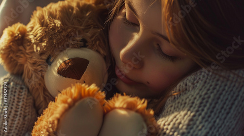 Detailed view of a girlâs embrace around a teddy bear, with the bearâs tiny paws and the girlâs gentle smile visible photo