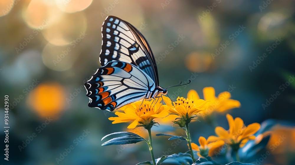 Close-up of a butterfly delicately feeding on a vibrant yellow flower with soft sunlight illuminating its wings Close-up of a butterfly delicately feeding on a vibrant yellow flower with soft sunlight illuminating its wings
