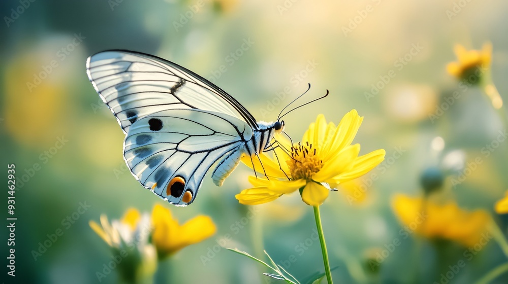 Close-up of a butterfly delicately feeding on a vibrant yellow flower with soft sunlight illuminating its wings Close-up of a butterfly delicately feeding on a vibrant yellow flower with soft sunlight illuminating its wings