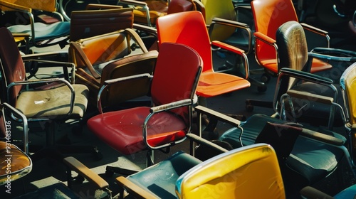 An assortment of variously colored and styled office chairs are randomly arranged, creating a vivid mosaic of seating options. photo