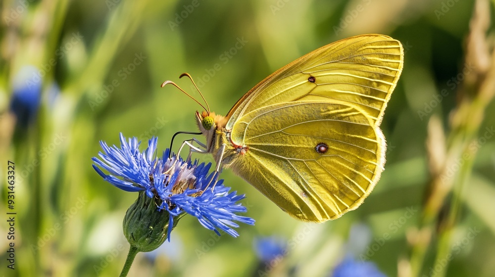 A butterfly with translucent wings feeding on a blue wildflower in a meadow A butterfly with translucent wings feeding on a blue wildflower in a meadow