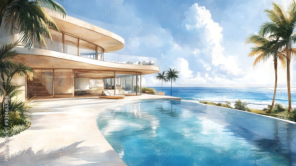 Fototapeta premium Modern Beachfront Villa with Infinity Pool and Palm Trees.