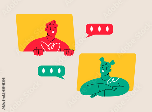 Man and woman texting on messenger. Talking online concept. Colorful vector illustration