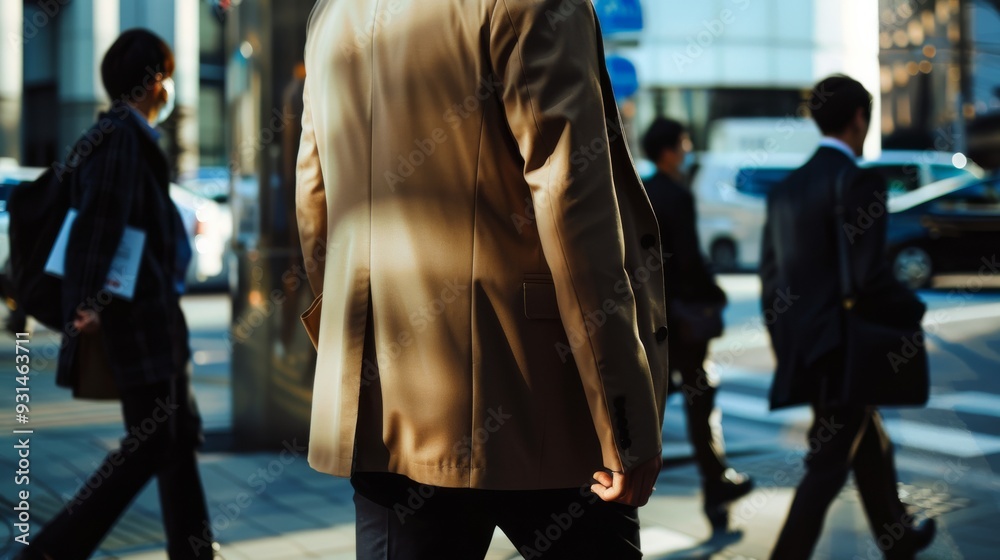 Fototapeta premium A crowd of professionals in business attire navigates a busy urban environment, illustrating the daily hustle and societal rhythm of city life.