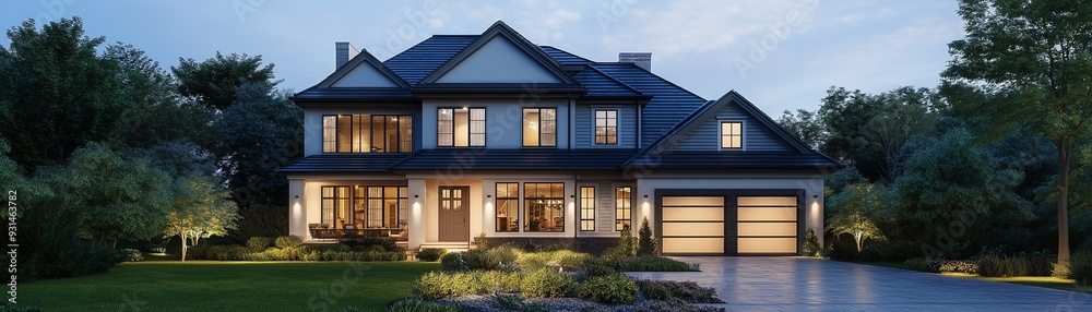 Fototapeta premium A modern two-story house with a black roof. 