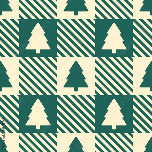 Green fir trees on beige gingham background. Vector seamless pattern. Best for textile, wallpapers, wrapping paper and seasonal decoration.