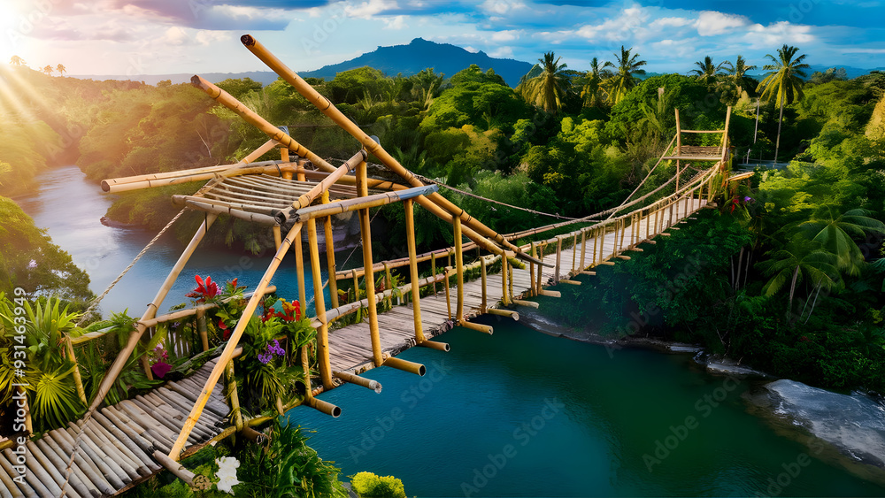Bamboo pedestrian hanging bridge over river in tropical forest, Bohol, Philippines, Southeast Asia Bamboo pedestrian hanging bridge over river in tropical forest, Bohol, Philippines, Southeast Asia