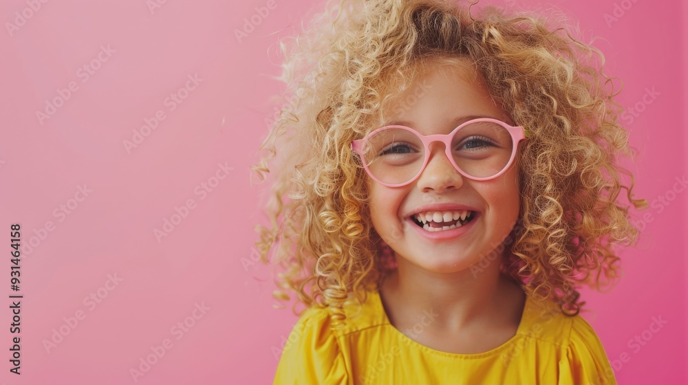 Fototapeta premium A cheerful child with curly blonde hair and glasses, wearing a light pink top, beaming against a soft blue background.