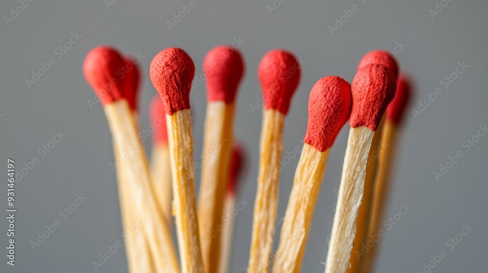 A cluster of red-tipped matches standing upright, isolated against a neutral backdrop, emphasizing their wooden textures and vibrant heads. A cluster of red-tipped matches standing upright, isolated against a neutral backdrop, emphasizing their wooden textures and vibrant heads.