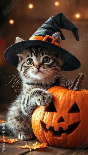 Cute cat wearing witches hat and sitting beside the halloween pumpkin. Generative Ai