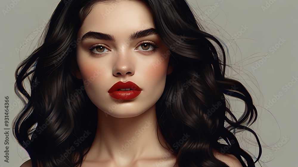 Fototapeta premium portrait of a woman with red lips, portrait of a woman with black hair, Gorgeous woman portrait, face closeup 