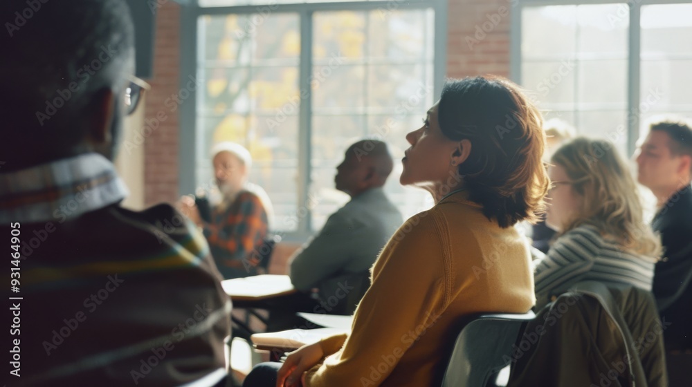 A diverse group attends a seminar in a bright, modern room, engaging attentively with the speaker, fostering a spirit of learning and dialogue.