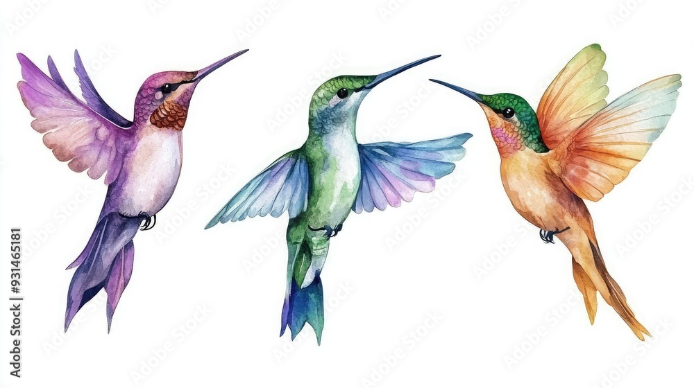 Obraz premium Watercolor painting of three colorful hummingbirds with spread wings on a white background.
