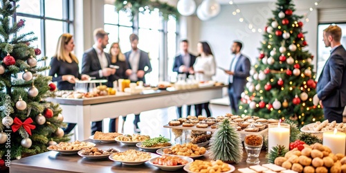 Festive Office Christmas Party with Delicious Food. A beautifully decorated office space with Christmas trees and festive lights, set up for a holiday party. photo