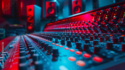 A close shot of a music console at recording studio. A concept of an advertising banner for music recording app