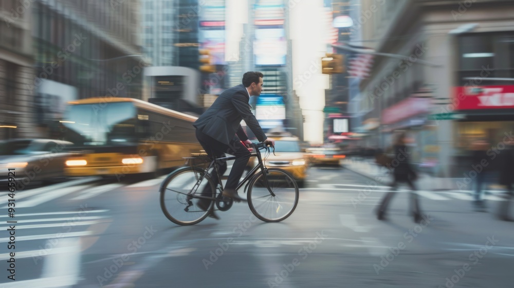 A businessman rides a bike through a bustling city intersection, captured with a motion blur effect, highlighting the dynamic city life. A businessman rides a bike through a bustling city intersection, captured with a motion blur effect, highlighting the dynamic city life.