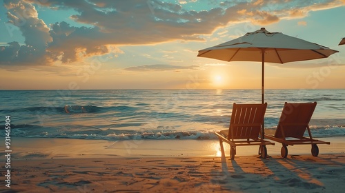 Two lounge chairs with sun umbrellas on the beach with beautiful saunset light : Generative AI photo