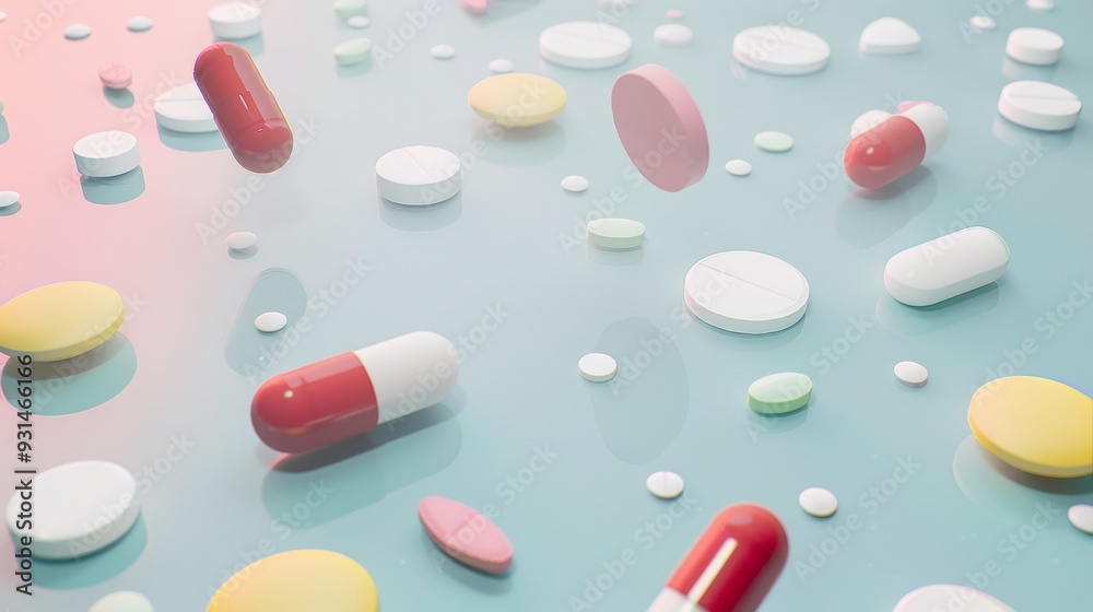 Vibrant mix of multi-colored pills and tablets suspended against a glossy backdrop, presenting a modern, pharmaceutical aesthetic. Vibrant mix of multi-colored pills and tablets suspended against a glossy backdrop, presenting a modern, pharmaceutical aesthetic.