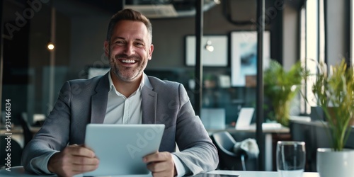 A man in a suit is smiling and holding a tablet in front of him. He is happy and content