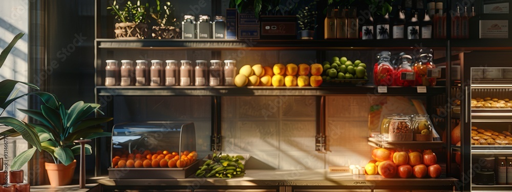 Cozy grocery store shelf with fresh fruits and jars Cozy grocery store shelf with fresh fruits and jars