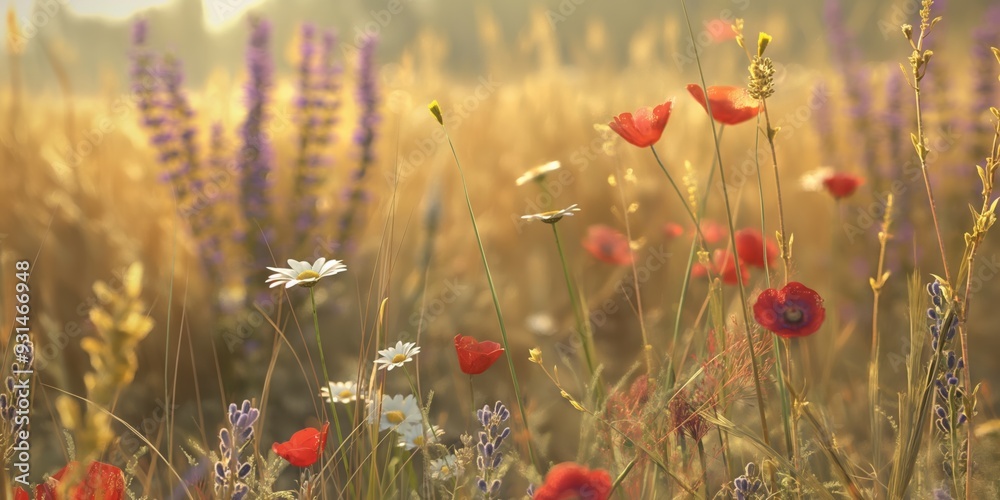 Obraz premium A wild meadow blooms with diverse flowers like lavender and poppy, painting a vibrant countryside landscape.