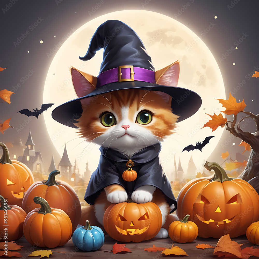 colorful cute cartoon Halloween kitten in a witch hat,surrounded by pumpkins colorful cute cartoon Halloween kitten in a witch hat,surrounded by pumpkins