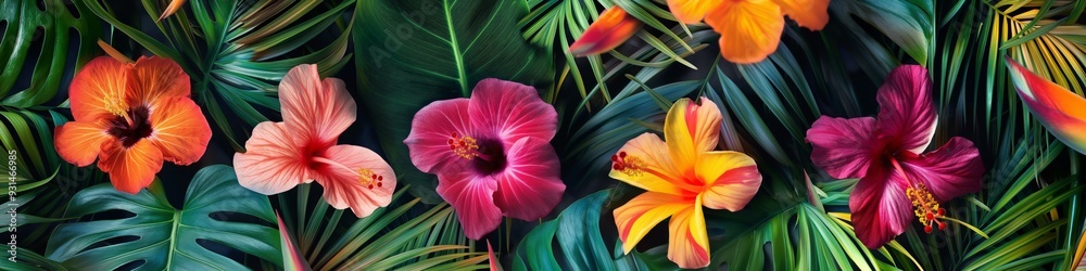 Fototapeta premium A lush arrangement of tropical flowers and greenery in a vibrant summer garden.