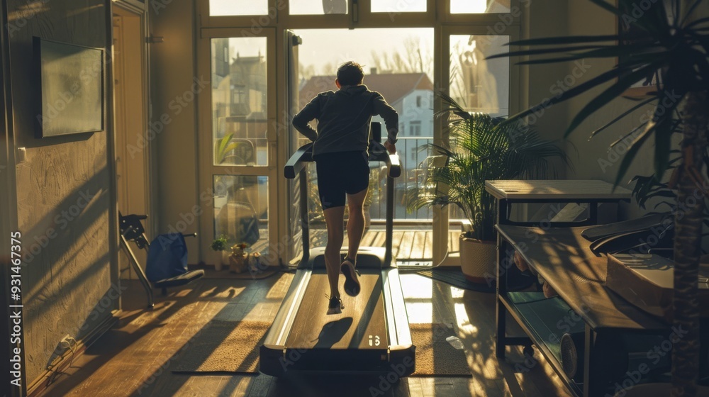 Fototapeta premium Silhouetted figure runs on a treadmill, bathed in warm sunlight streaming through large windows, capturing the serene and motivational spirit of indoor exercise.