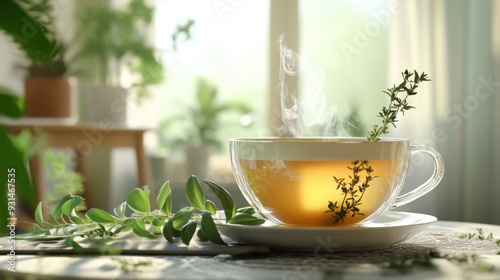 A steaming cup of herbal tea garnished with fresh herbs, set against a bright, nature-inspired background.