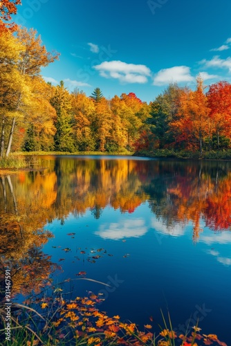 Bright woodland scene with a serene pond, reflecting colorful autumnal foliage and a sunny sky.