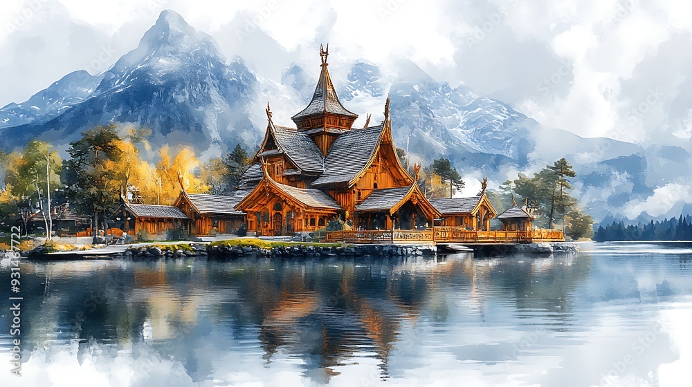 Obraz premium Wooden Church by the Lake with Mountain View - Watercolor Painting.