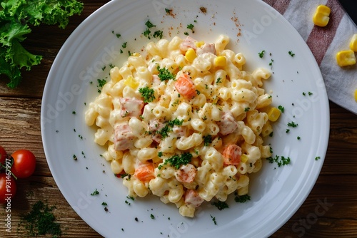 Homemade macaroni salad with trivelle pasta and canned tuna, carrot, Head Lettuce, tomato, corn and mayonnaise dressing in a white plate on wooden table. Generative Ai photo