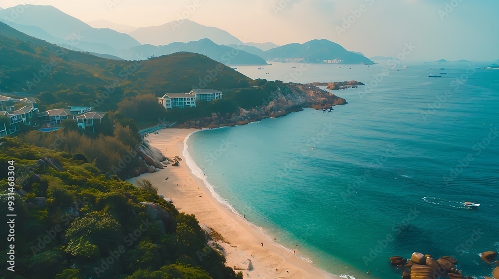Obraz premium Shek O Hong Kong Aerial drone footage of the idyllic Shek O beach and luxury real estate in Hong Kong island : Generative AI