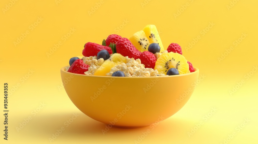 Bright and vibrant bowl of oatmeal topped with fresh fruits, perfect for a healthy breakfast or snack. Bright and vibrant bowl of oatmeal topped with fresh fruits, perfect for a healthy breakfast or snack.