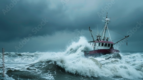 A lone fishing boat courageously battles powerful waves amid a stormy sea under a dark, thunderous sky, showcasing human tenacity against nature's fury.