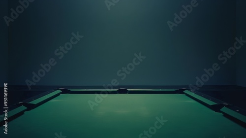 The empty pool table is centered, bathed in a soft light against a deep, moody backdrop, highlighting its structure and felt surface. photo