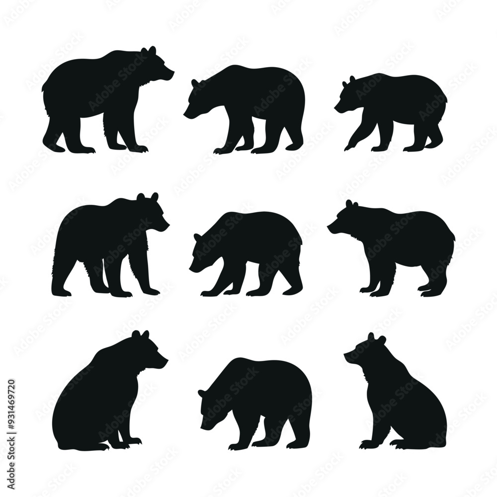 A collection of 9 bear silhouettes in various positions, arranged in a 3 by 3 grid. The background is plain and white A collection of 9 bear silhouettes in various positions, arranged in a 3 by 3 grid. The background is plain and white