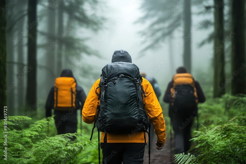A group of friends hiking through a dense, fogcovered forest, experiencing a mix of excitement and serenity A group of friends hiking through a dense, fogcovered forest, experiencing a mix of excitement and serenity