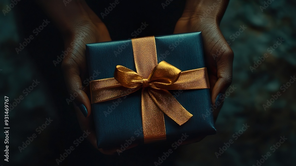 Luxurious Gift Box Wrapped in Dark Blue Paper with Golden Ribbon for Holidays Luxurious Gift Box Wrapped in Dark Blue Paper with Golden Ribbon for Holidays