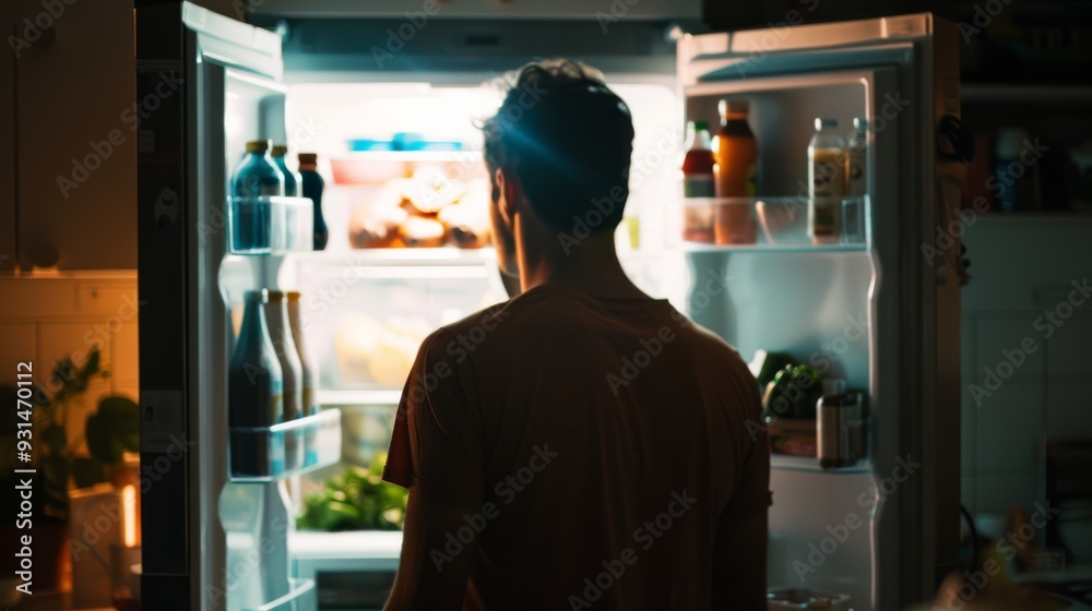 A man stands illuminated by a glowing refrigerator light in a dimly lit kitchen, contemplating a late-night snack. A man stands illuminated by a glowing refrigerator light in a dimly lit kitchen, contemplating a late-night snack.