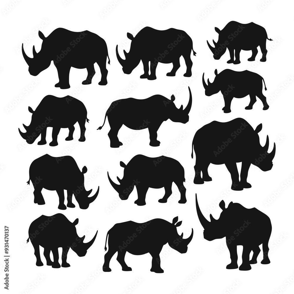 A collection of 9 rhinoceros silhouettes in different poses, A collection of 9 rhinoceros silhouettes in different poses,