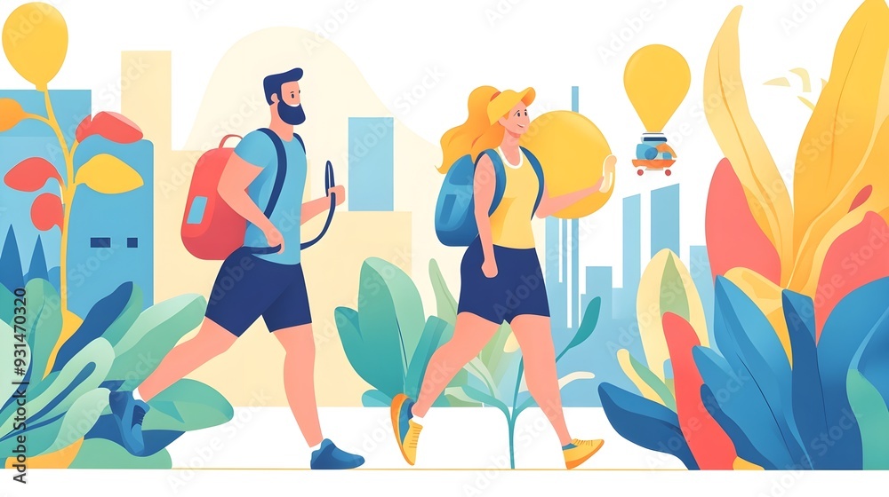 Couple Walking with Backpacks in Urban Nature Couple Walking with Backpacks in Urban Nature