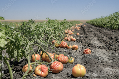 Un campo di pomodori rovinato dal sole per la siccità.