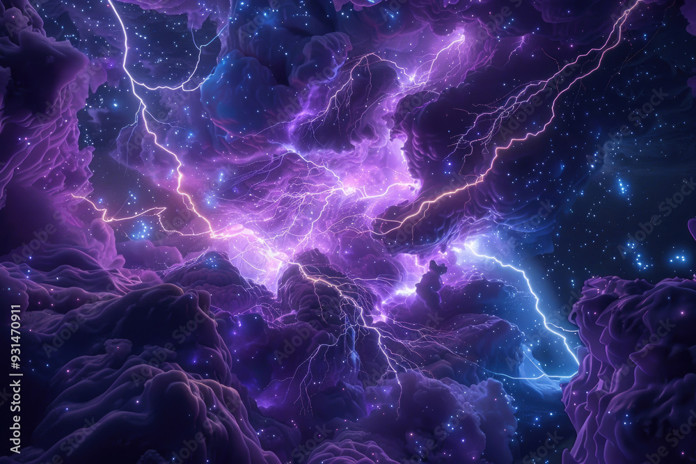 Purple lightning strikes amid swirling clouds in a breathtaking cosmic display, creating an electrifying atmosphere